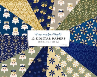Peut inclure: Douze papiers numériques sur le thème du Casse-Noisette. Les papiers comprennent des motifs de flocons de neige, de cloches et de visages de Casse-Noisette en or, bleu et vert.