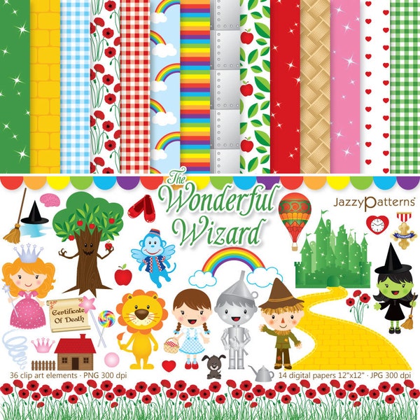 Wizard of Oz clipart and digital papers, Dorothy, flying monkey, tin man, gingham, yellow brick background, emerald city, instant download