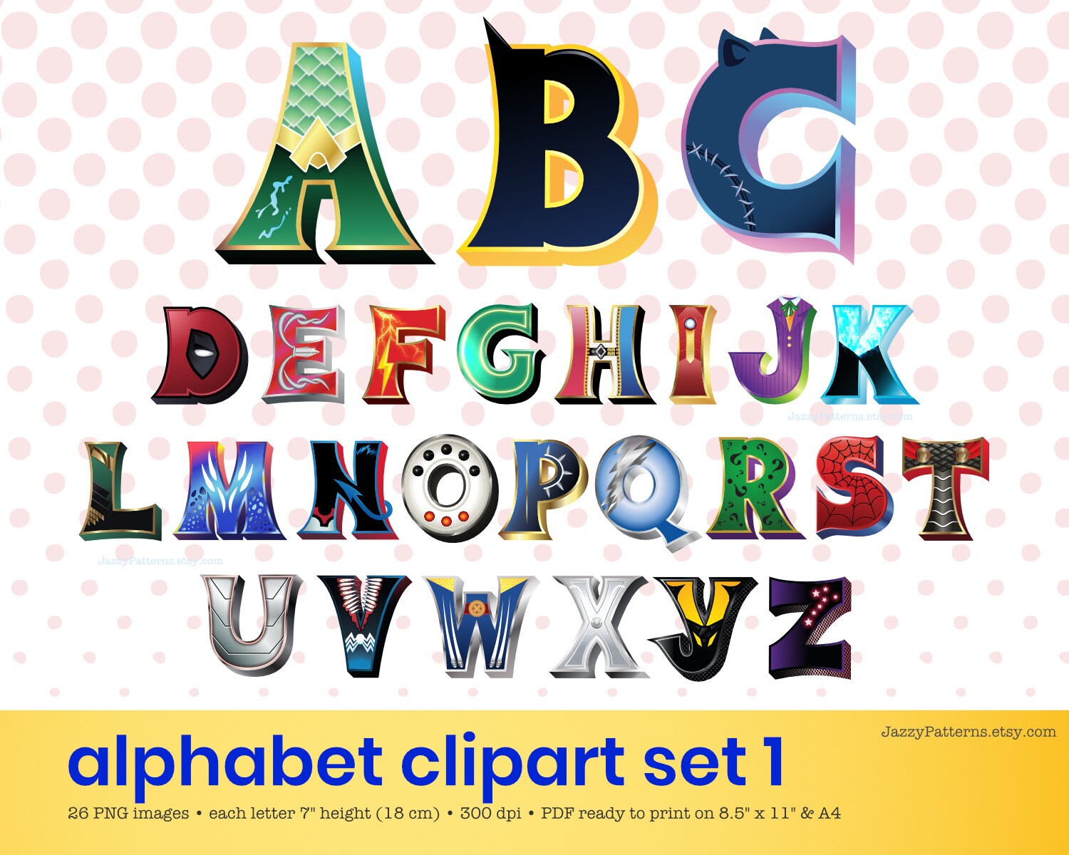 superhero printable alphabet letters comics themed clipart etsy