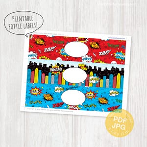 Etiquetas editáveis para garrafas de água no tema super-herói, para imprimir em festa, download instantâneo