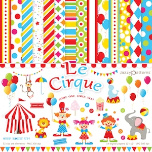 Circus clipart and digital papers, carnival big top, clowns, elephant, lion, popcorn, money, printable instant download