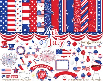 4th Of July clipart and digital paper pack, instant download