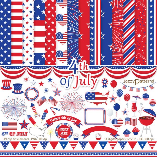 4th Of July clipart and digital paper pack, instant download