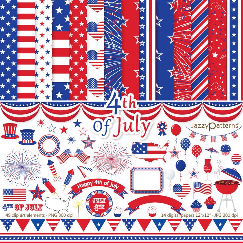 4th Of July clipart and digital paper pack, instant download image 1