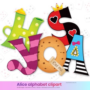 Alice illustrated letters clipart for classroom decoration, Wonderland birthday banner DIY, printable alphabet download