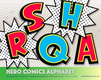 Superhero alphabet clipart, A to Z comics printable letters bursts, for sublimation printing, transfer on, party decor, SVG instant download