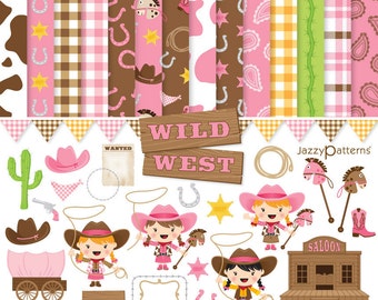 Girly Wild West clip art and digital paper pack, instant download