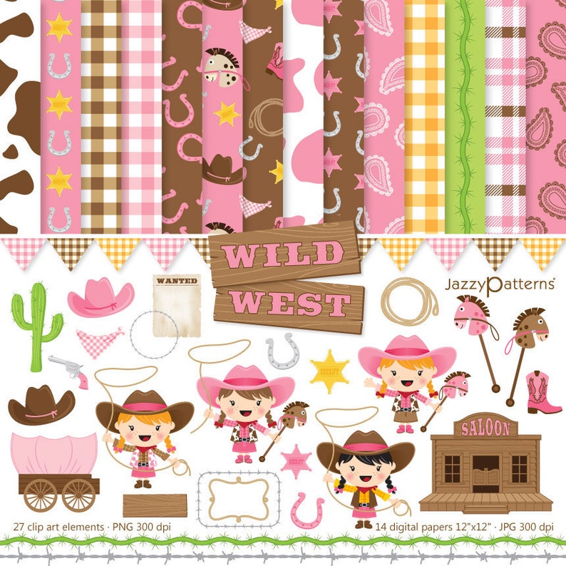 Girly Wild West clip art and digital paper pack, instant download image 1