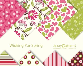 May include: A set of 8 digital paper patterns featuring various designs in pink, green, and white. The patterns include hearts, flowers, polka dots, stripes, and geometric shapes. The text "Wishing For Spring" and "JazzyPatterns" is included in the image.