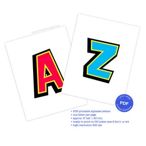 Printable alphabet letters in bold, colorful, outlined font. The letters A and Z are shown, each on a separate white page. The letters are approximately 8 inches tall.  The text "print ready, PDF, instant download" is in a circle on the bottom right corner of the image.