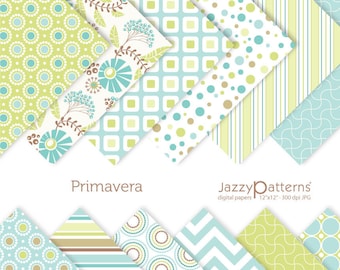 May include: A set of 10 digital papers featuring a variety of patterns in shades of green, blue, and brown. The patterns include polka dots, stripes, squares, and floral designs. The papers are 12x12 inches and 300 dpi.