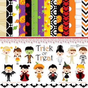 Halloween clipart and digital papers, kids costumes as spooky characters, instant download