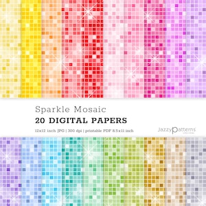 May include: 20 digital papers featuring a sparkle mosaic pattern in various colors. Each paper is 12x12 inches and 300 dpi. The papers are printable in 8.5x11 inch PDF format.