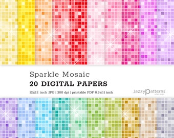 May include: 20 digital papers featuring a sparkle mosaic pattern in various colors. Each paper is 12x12 inches and 300 dpi. The papers are printable in 8.5x11 inch PDF format.