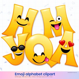 Clipart z alfabetem emotikonów z uśmiechniętymi buzikami na imprezę i do dekoracji klasy, do natychmiastowego pobrania