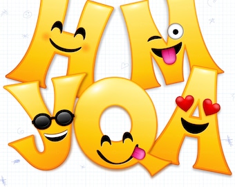 Alfabeto de emoticonos con caras felices, letras amarillas imprimibles, descarga instantánea
