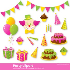 Clipart de festa de aniversário, palhaço, bolo, caixas de presente, chapéus de festa e velas, para artesanato em papel, etiquetas de presente, adesivos, download instantâneo