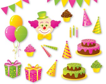 Clipart de fiesta de cumpleaños: Payaso, pastel y regalos (Descarga digital)