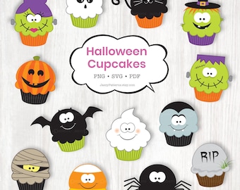 Clipart cupcakes Halloween, sorcière, vampire chauve-souris, fantôme, citrouille, chat, téléchargement immédiat PNG SVG
