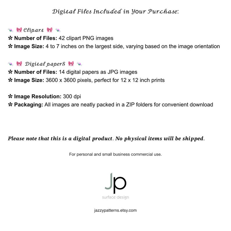 May include: Digital download of 42 clipart PNG images and 14 digital papers as JPG images. The clipart images are 4 to 7 inches in size and the digital papers are 3600 x 3600 pixels, perfect for 12 x 12 inch prints. All images are 300 dpi and are neatly packed in a ZIP folder.