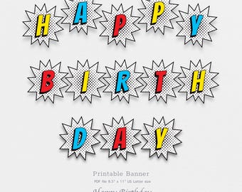 Printable superhero birthday banner, comic book burst effect, instant download