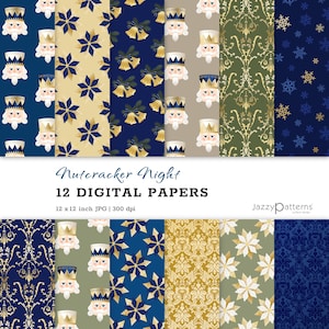 Papéis digitais quebra-nozes, designs de férias em azul e dourado, download instantâneo