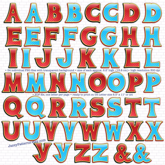 Superhero Alphabet Clipart Comic Book Letters In Cherry Red Etsy