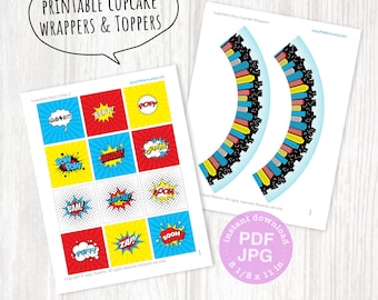 May include: Printable superhero cupcake wrappers and toppers. The wrappers feature a black and white pattern with red, yellow, and blue accents. The toppers feature a variety of comic book style speech bubbles with phrases like "Pow!" and "Bam!" in red, yellow, and blue.