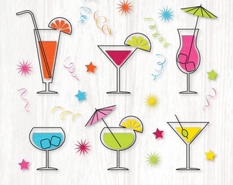 Peut inclure: Un ensemble de six images clipart de cocktails colorés, comprenant un verre à martini, un verre à margarita, un verre à whisky, un verre à coupe, un verre à hurricane et un verre à collins. Chaque verre est délimité en noir et rempli d'une couleur différente, avec une garniture et un parapluie sur le dessus. L'arrière-plan est un motif de bois blanc.