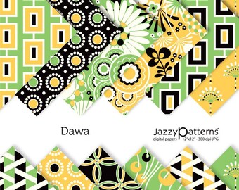 Papel digital floral retro en verde intenso, negro y amarillo, geométrico, diseño limpio, descarga digital.