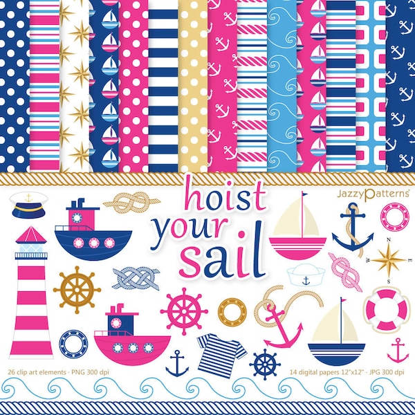 Nautical clipart and digital papers in hot pink and navy blue, Hoist Your Sail, printable instant download