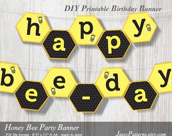 Honeybee birthday banner printable in yellow and black, honeycomb beehive party, DIY garland "Happy Bee-Day" phrase, instant download