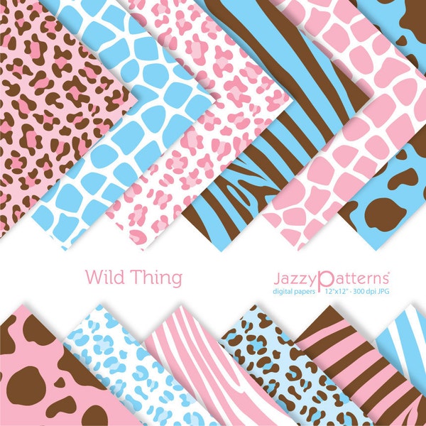 Animal-prints pink Leopard, Giraffe, Zebra-Haut, digitales Papier, Kuhhaut in blau und braun, Wild Thing, druckbare sofortigen download