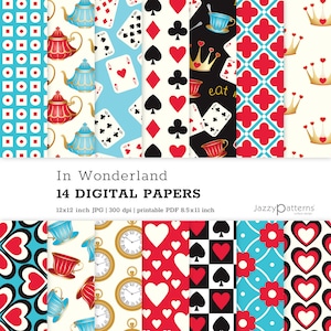 Digitale In Wonderland-papieren voor scrapbooking, feest- en klasdecoratie, direct downloaden