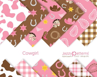 Cowgirl digital papers in pink and brown, wild west backgrounds for party decor, gift wrap, planner stickers, printable instant download