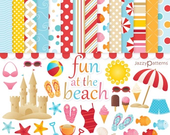 Peut inclure: Un ensemble de 34 éléments de clip art sur le thème de la plage et 14 papiers numériques. Le clip art comprend un château de sable, un parasol de plage, des tongs, des coquillages, des étoiles de mer, un ballon de plage, des cornets de glace, des lunettes de soleil et plus encore. Les papiers numériques présentent divers motifs sur le thème de la plage, notamment des rayures, des pois et des vagues.
