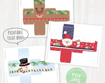 Printable Christmas treat boxes, 5 mini container designs, Santa, snowman, reindeer, nutcracker, gingerbread, instant download