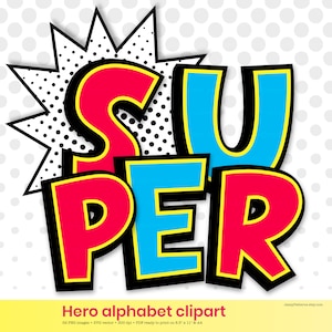 Superheld Alphabet Clipart, Comic Buchstaben von A bis Z, für Party, Klassenzimmer Dekor, Sublimationsdruck, Transfer auf, sofortiger Download