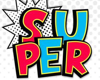 Peut inclure: Une conception graphique colorée du mot « SUPER » dans un style de bande dessinée avec des lettres rouges, jaunes, bleues et noires. Les lettres sont soulignées en noir et ont un fond blanc avec des pois noirs. Le texte « Hero alphabet clipart » est sous le mot « SUPER ».