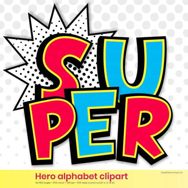 Superhero alphabet clipart, A to Z comics printable letters bursts, for sublimation printing, transfer on, party decor, SVG instant download