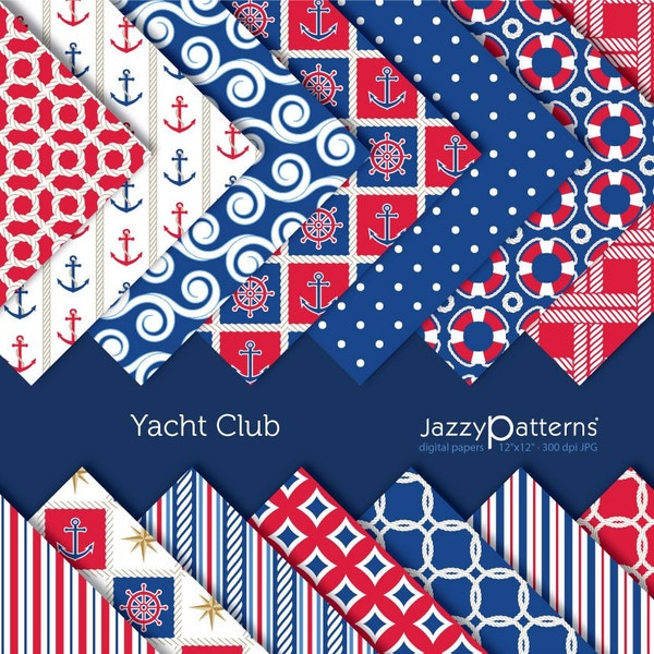 Nautical digital papers in red, white and navy blue for scrapbooking, paper craft, home decor, Yacht Club, printable instant download