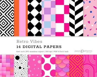 May include: A set of 14 digital papers with retro geometric patterns in pink, orange, black, white, and blue. The papers are 6x6 inches and 300 dpi. Retro Vibes 14 Digital Papers 6x6 inch JPG seamless repeat | 300 dpi | PDF 8.5x11 inch Jazzy patterns