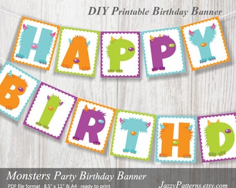 Puede incluir: Pancarta de cumpleaños imprimible con las palabras "FELIZ CUMPLEAÑOS" en letras de colores decoradas con monstruos de dibujos animados. La pancarta está lista para imprimir en formato PDF.