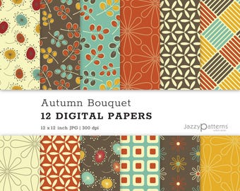Peut inclure: Douze papiers numériques avec des motifs sur le thème de l'automne dans un style rétro. Les motifs comprennent des feuilles, des fleurs et des motifs géométriques dans des tons de brun, orange, jaune, bleu et crème. Les papiers mesurent 30,5 cm sur 30,5 cm et 300 dpi.