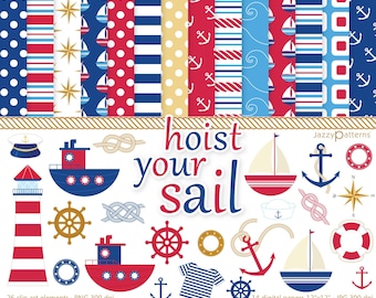 May include: A set of 14 digital papers and 26 clip art elements in red, white, and blue nautical themes. The papers are 12 inches by 12 inches and the clip art is 300 dpi. The clip art includes anchors, boats, steering wheels, ropes, and a lighthouse. The papers feature stripes, polka dots, and anchors. The text "hoist your sail" is featured in the center of the image.