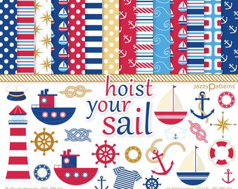Nautical clipart and digital papers in red and navy blue, Hoist Your Sail, printable instant download