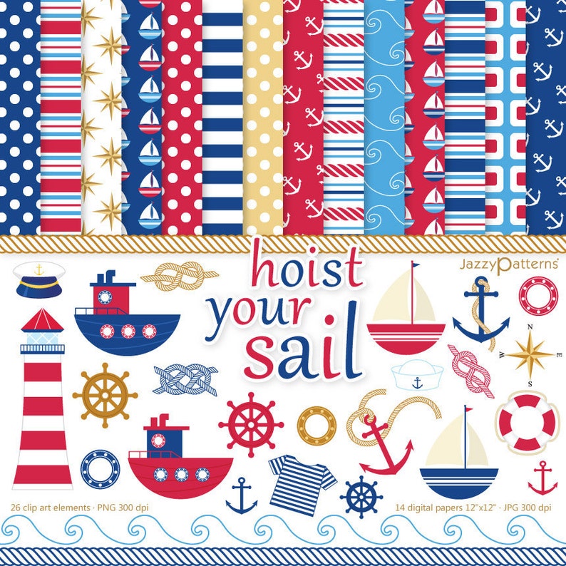 Nautical clipart and digital papers in red and navy blue, Hoist Your Sail, printable instant download image 1