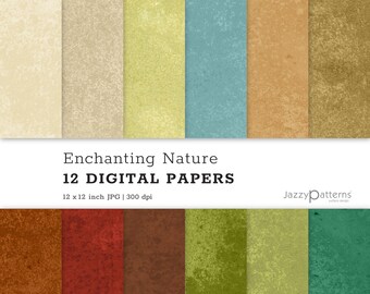 May include: Twelve digital papers featuring a variety of textured backgrounds in shades of beige, green, blue, brown, and red. The papers are 12 x 12 inches and 300 dpi. The text "Enchanting Nature 12 DIGITAL PAPERS" is at the top of the image. The text "JazzyPatterns" is at the bottom of the image.