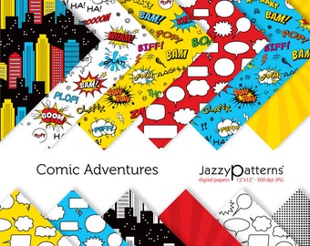 Superhero digital papers for party decorations, scrapbooking, planner covers, comics backgrounds in blue, red and yellow, instant download