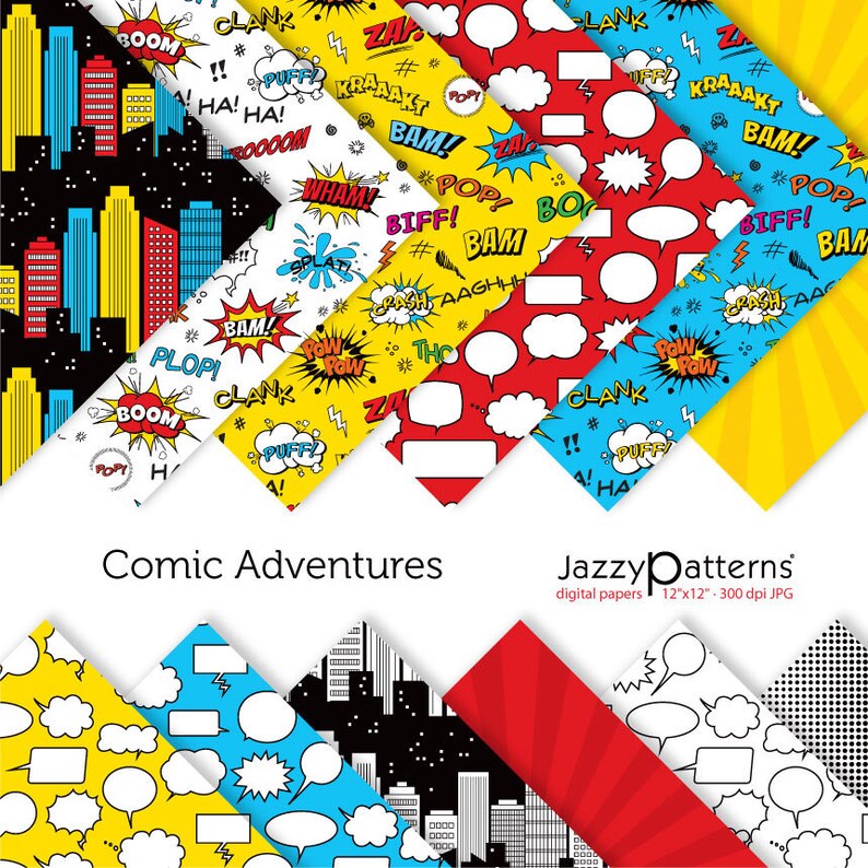 Superhero digital papers for party decorations, scrapbooking, planner covers, comics backgrounds in blue, red and yellow, instant download 